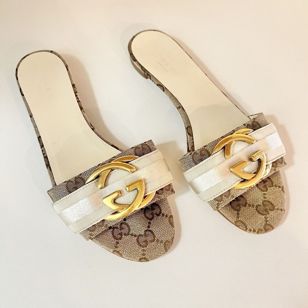 Gucci Brown Interlocking GG Supreme Canvas with Ribbon Slides Flats Size 36